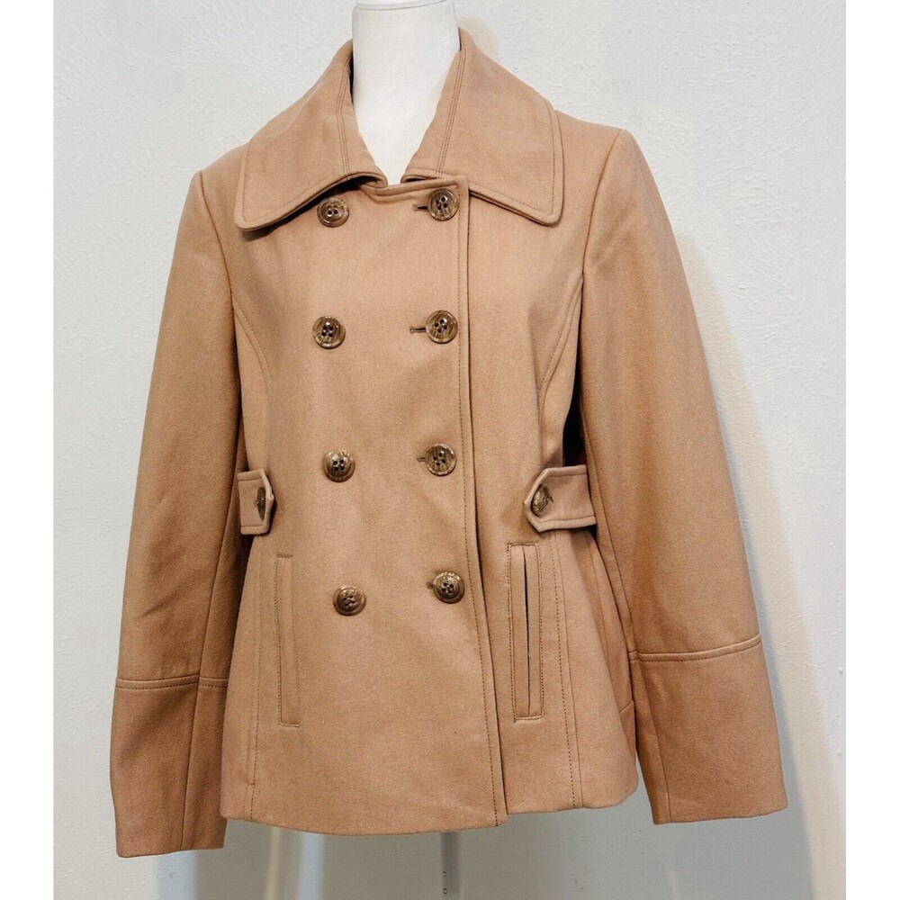 Nine West Women's Size 16 Beige Pea Coat Wool Blend Double Breasted Pockets